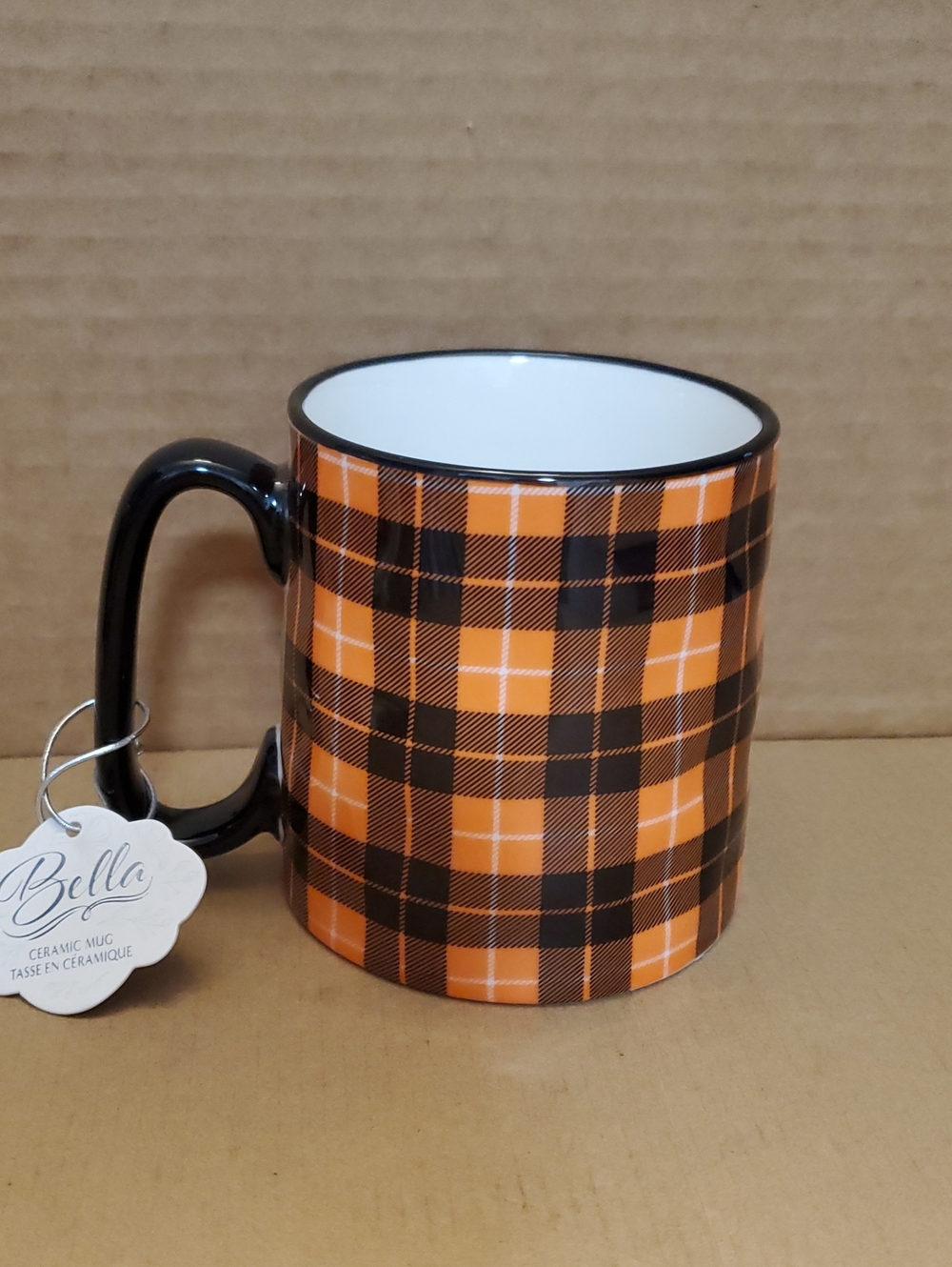 10 Strawberry Street Orange Plaid Ceramic Mug with Black Handle